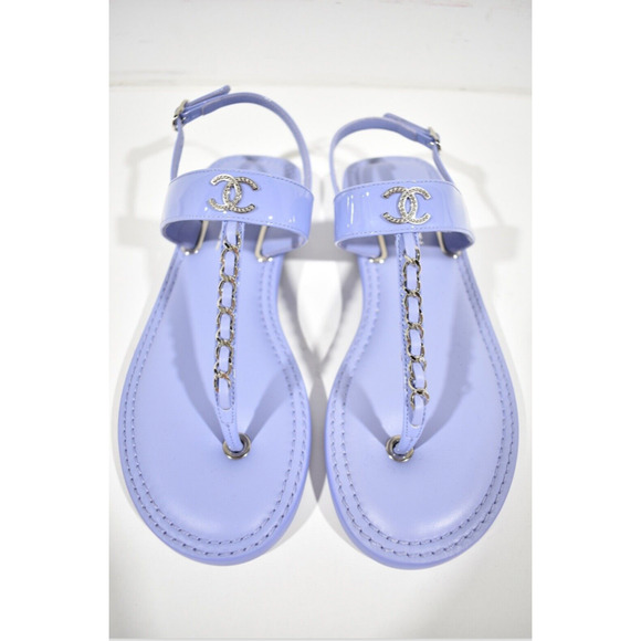 Chanel 22C Purple Patent Silver Chain CC Logo Mule Slide Flat Thong Sandal 37 - Picture 4 of 12